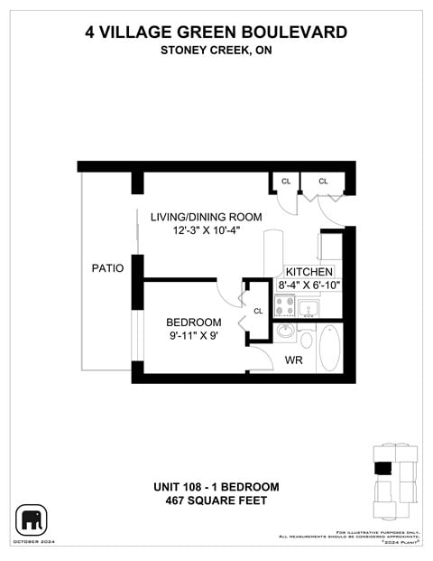 Floor plan for studio, 1 bath